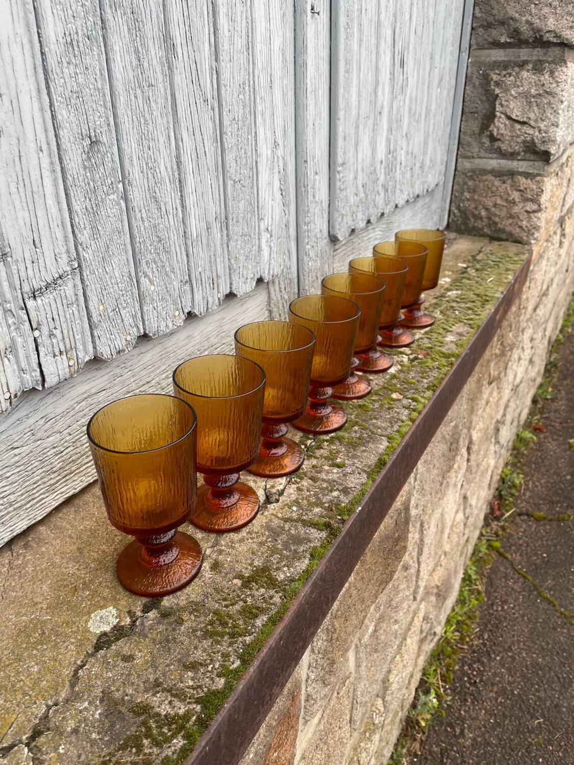 8 vintage amber moulded glass glasses