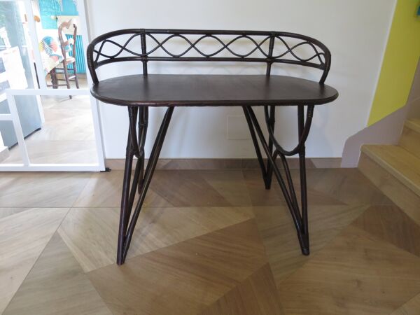 Vintage bureau d'enfant console bambou rotin bois courbé style Thonet années 80 acajou fonçé
