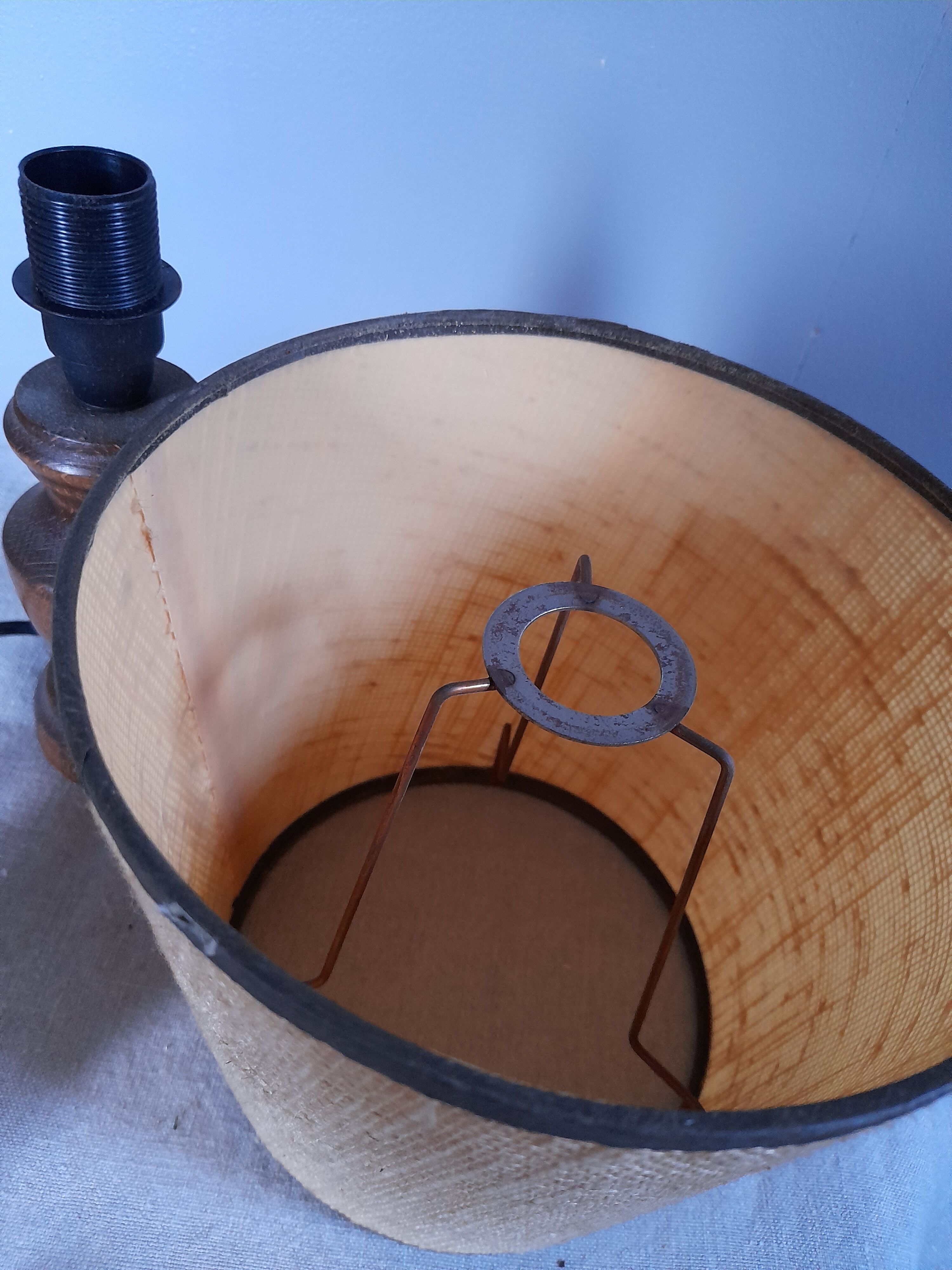 Table lamp foot turned wood, lampshade jute - vintage 1970