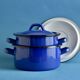 Paire de petites casseroles vintage en tôle émaillée bleues