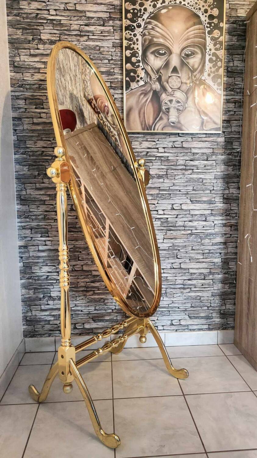 Vintage horse mirror in patinated steel with golden brass effect 1980