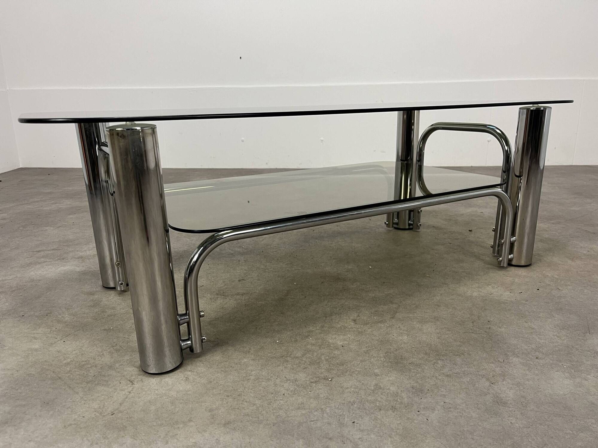Chrome metal and smoked glass coffee table, 70s