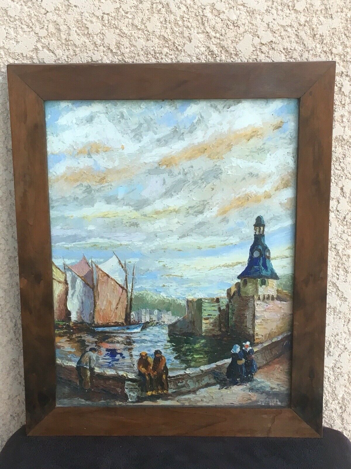 Painting Oil on Isorel Signed Landscape Breton Brittany Port Boat Character XX ème