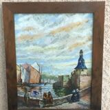 Painting Oil on Isorel Signed Landscape Breton Brittany Port Boat Character XX ème