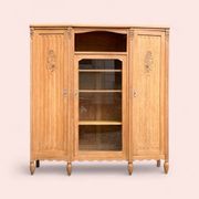 Asymmetrical Art Deco glass-fronted Parisian wardrobe in raw oak, 1930.