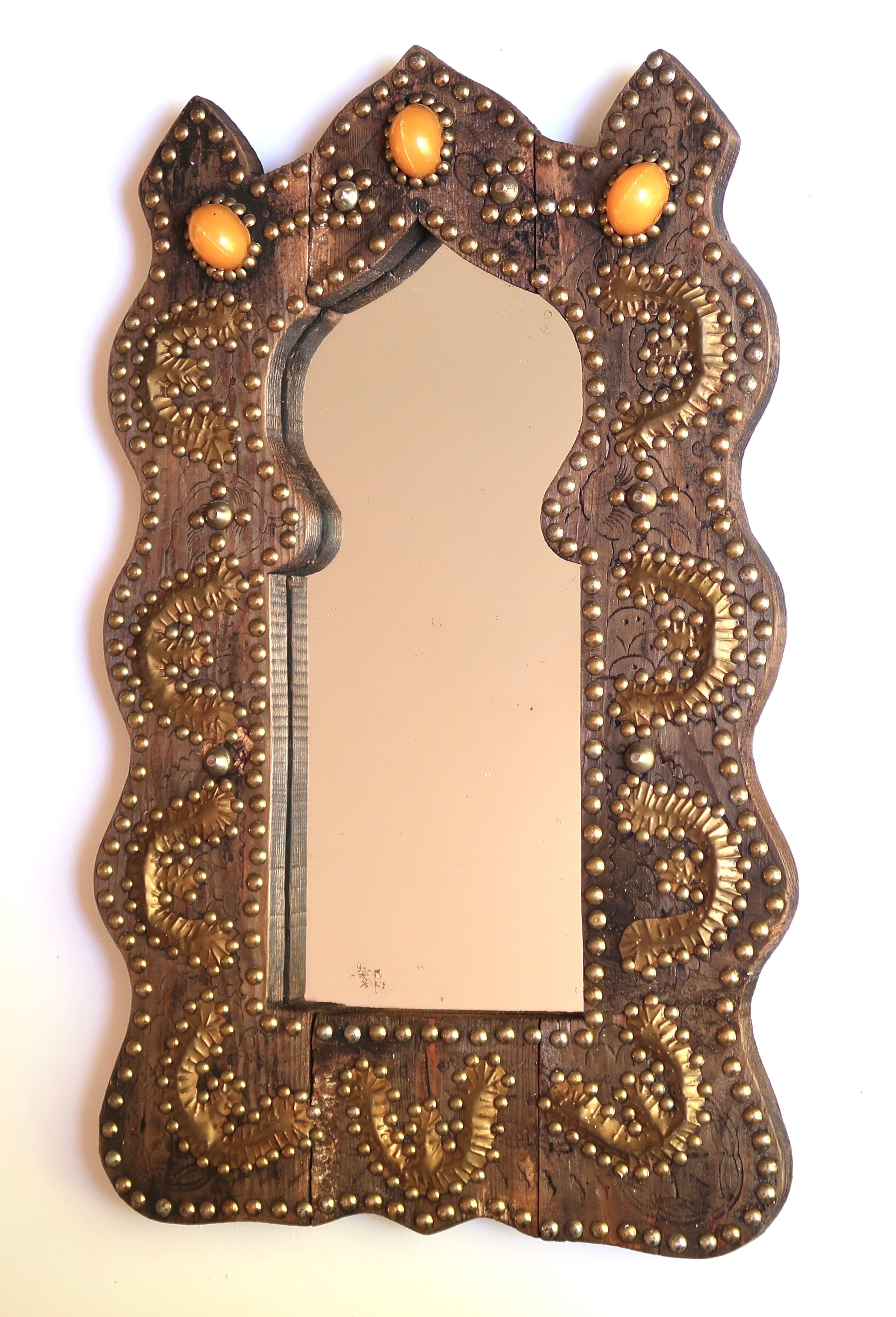Moroccan wooden mirror decorated with brass, 70s