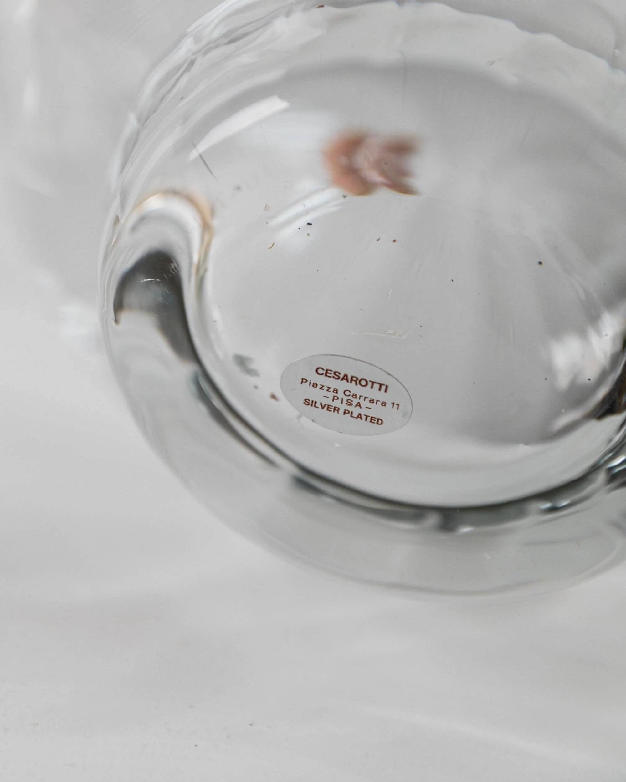 Vintage glass vase from the 1980s, transparent glass with fine linear pattern and silver metal details, elegant sculptural flower vase, gift idea.