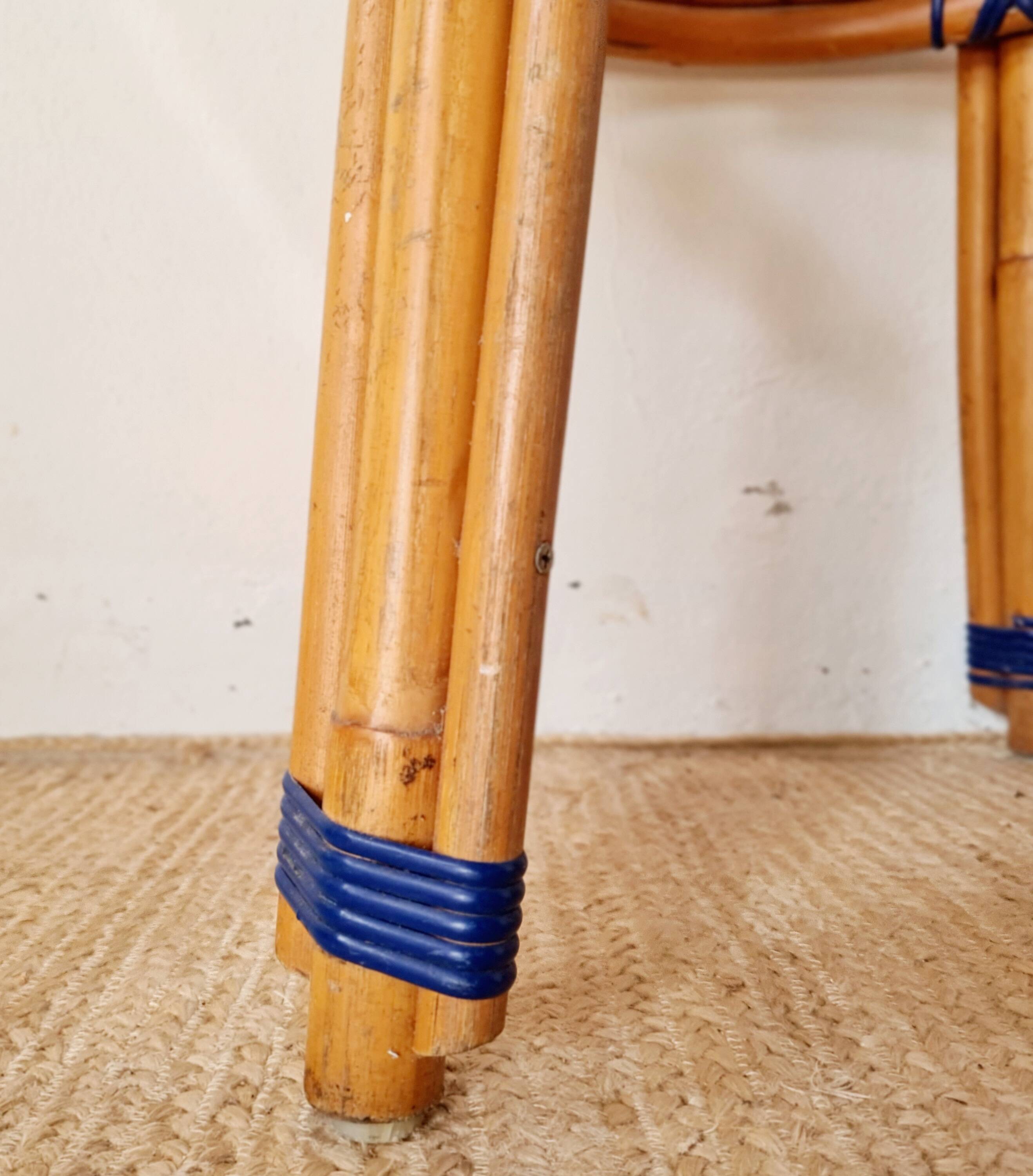 Vintage high stool Multicanne - Rattan & blue Rilsan - French