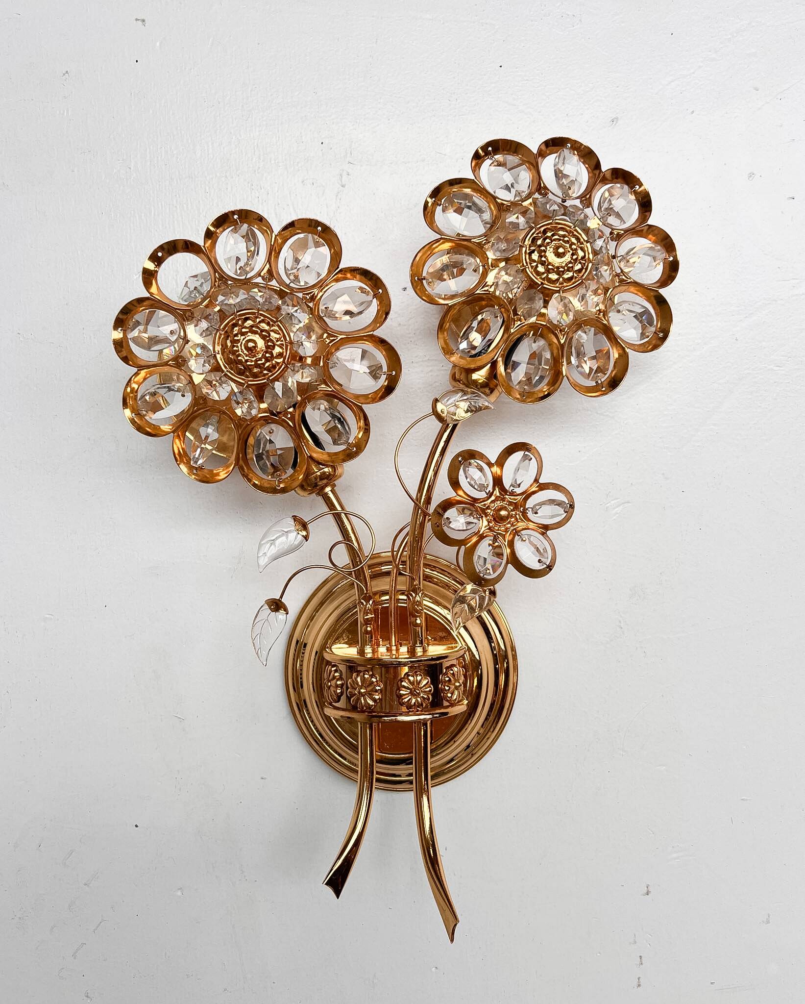 Brass and crystal art deco wall lamp attributed to palwa, 1960s