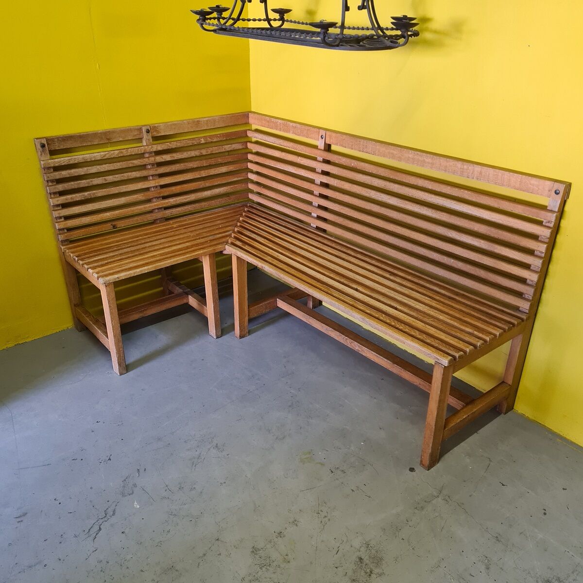 Vintage french beech wooden sauna or salon corner bench, second half 20th century