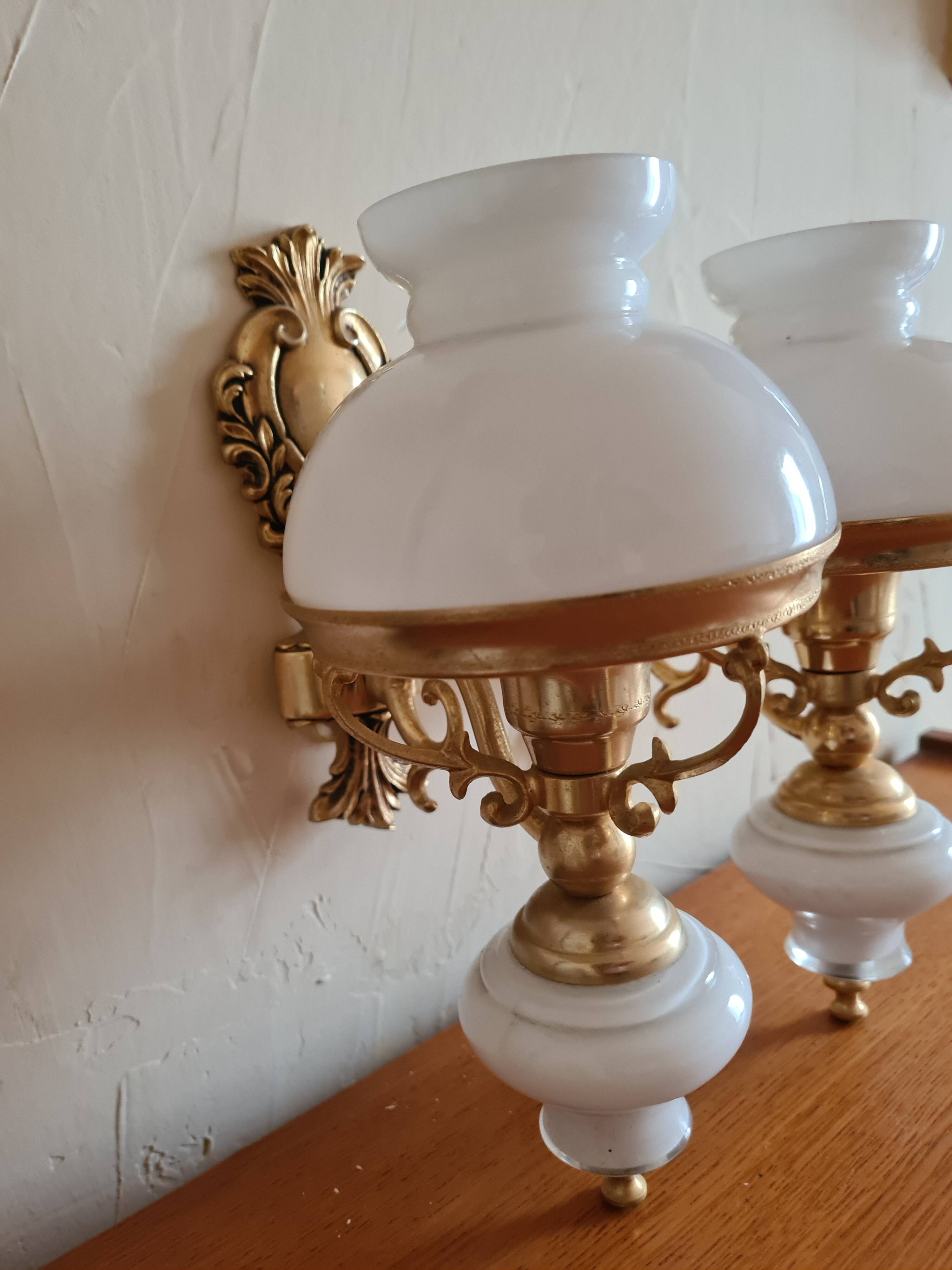 Pair of opaline and gilded brass wall lights