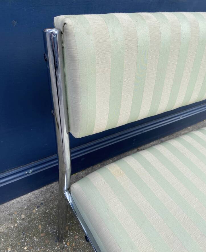 Chrome Bench Green Stripped 1970s Hollywood Regency Modernist Vintage