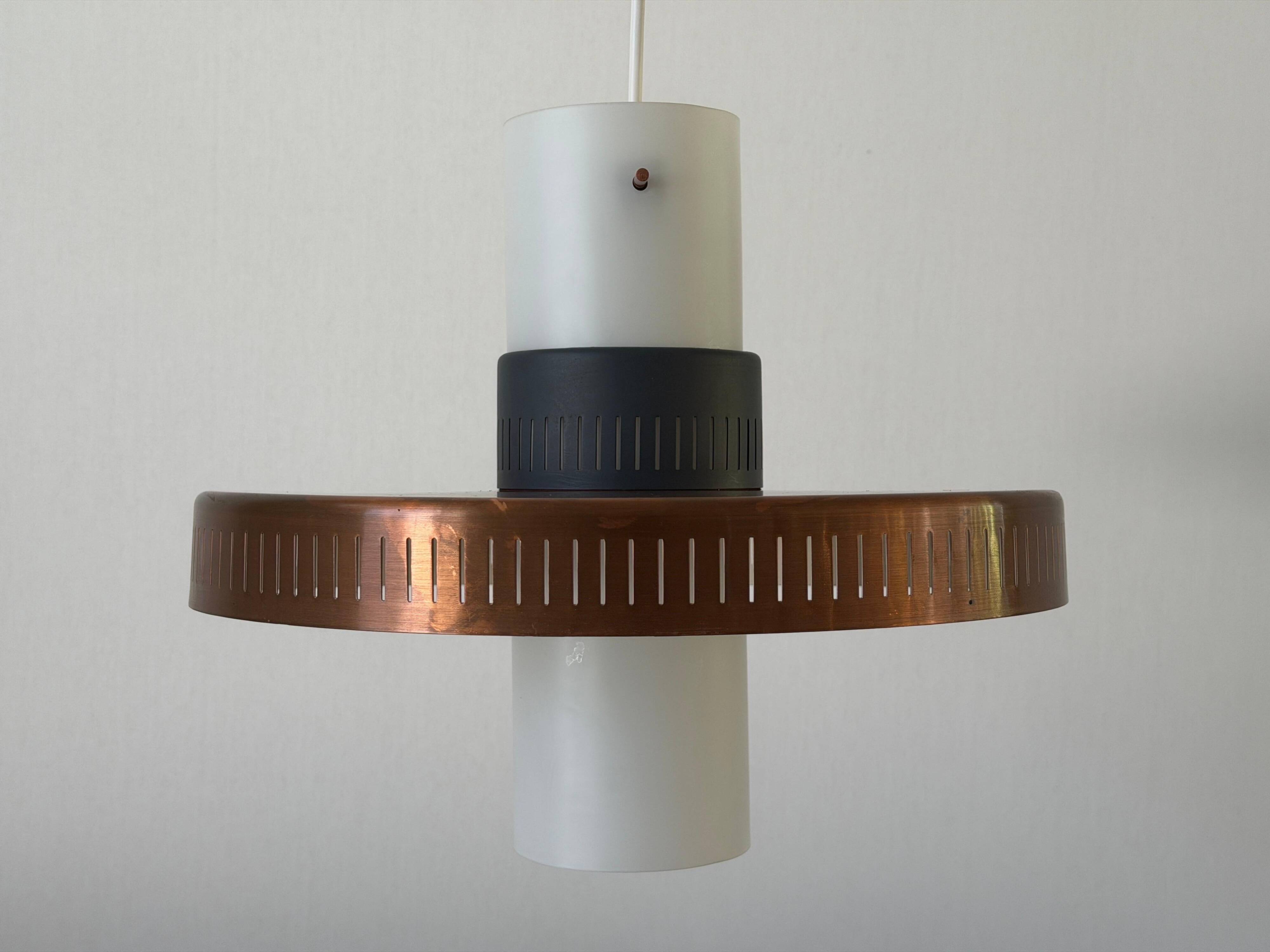 Glass ceiling light with a copper-coloured metal frame, 1960s, Germany.