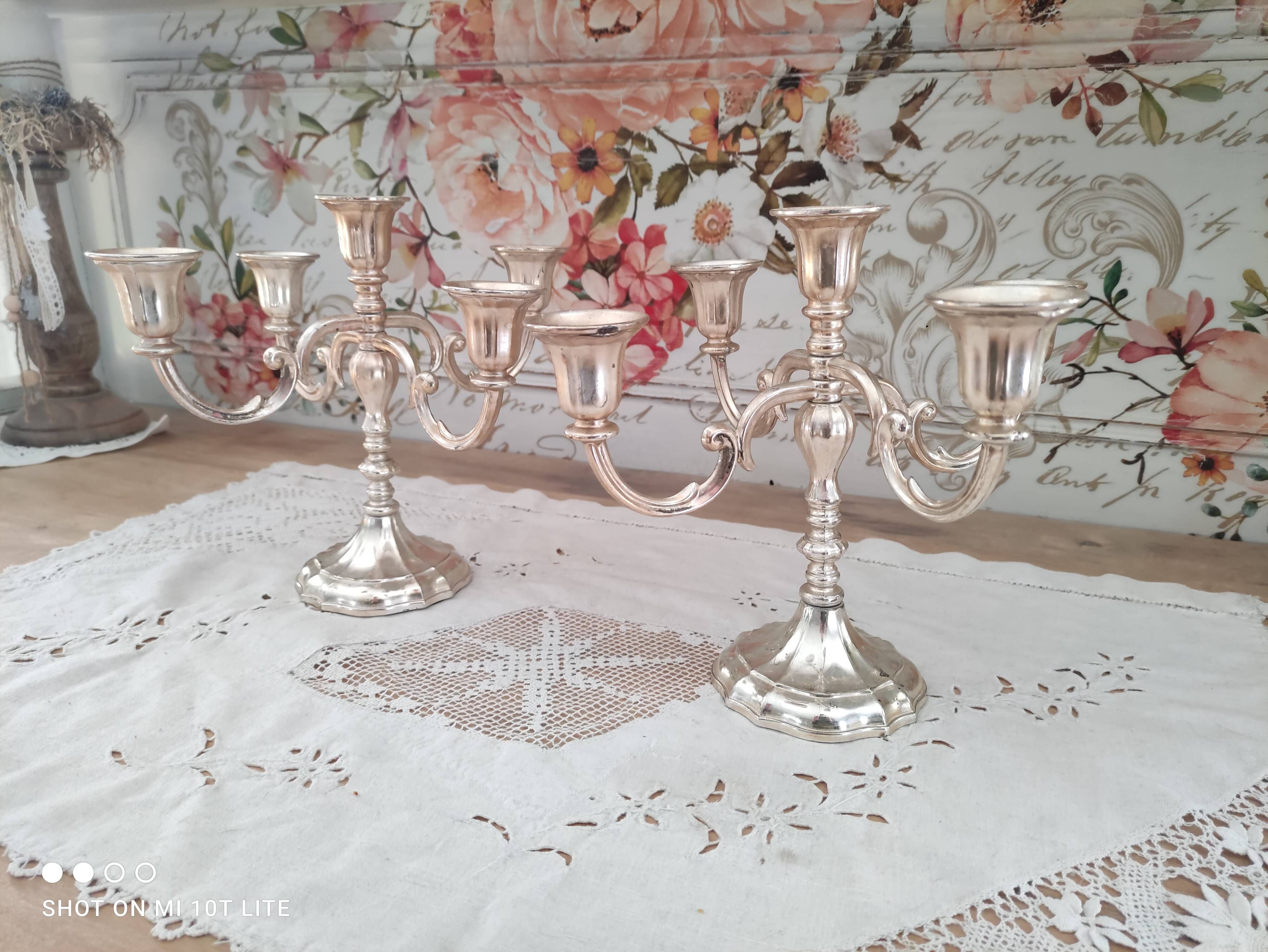 Set of 2 5-branched candlesticks in silver metal Versilbert 1950s