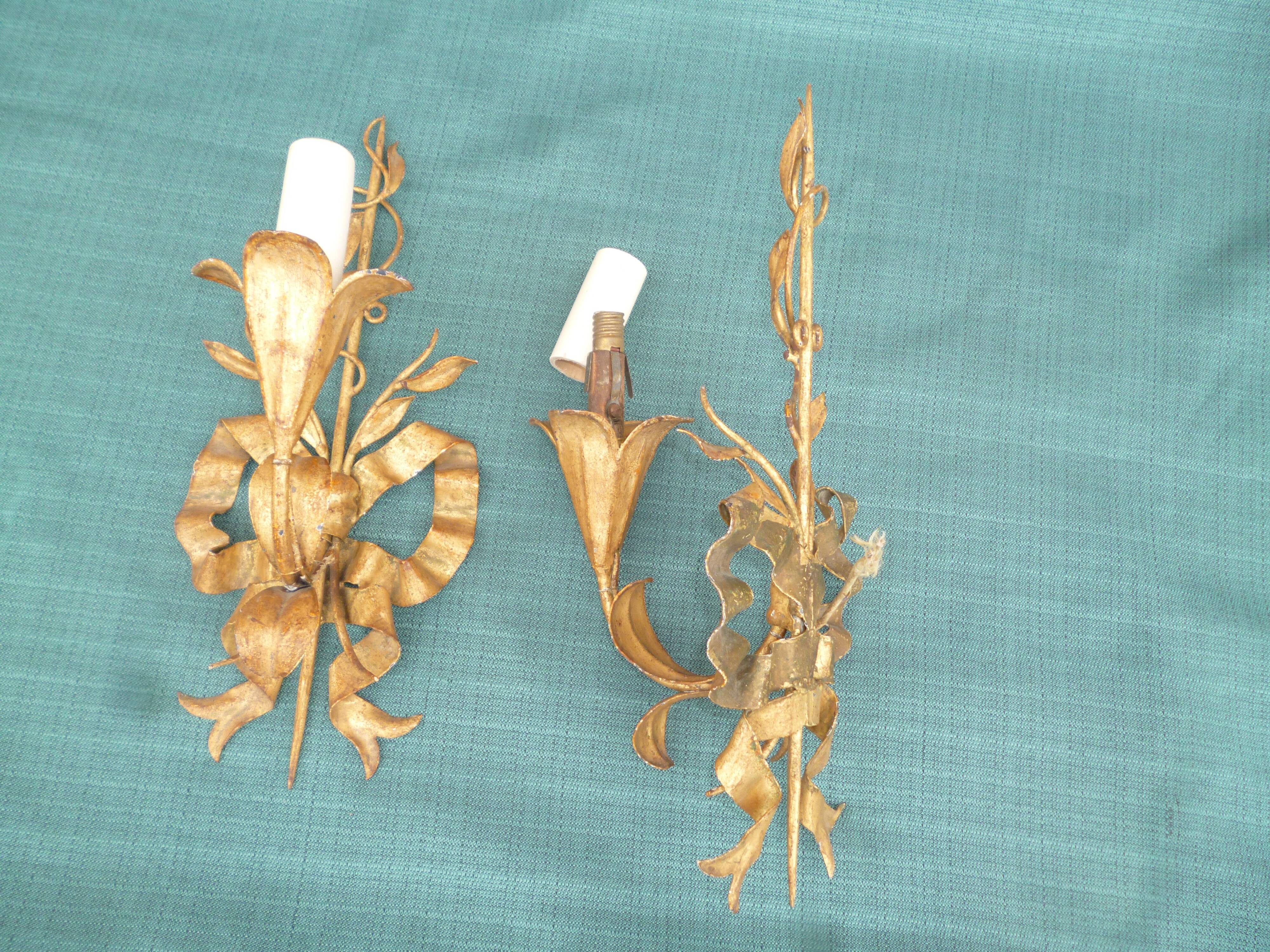 Pair of wall lamps gold patinated vintage metal
