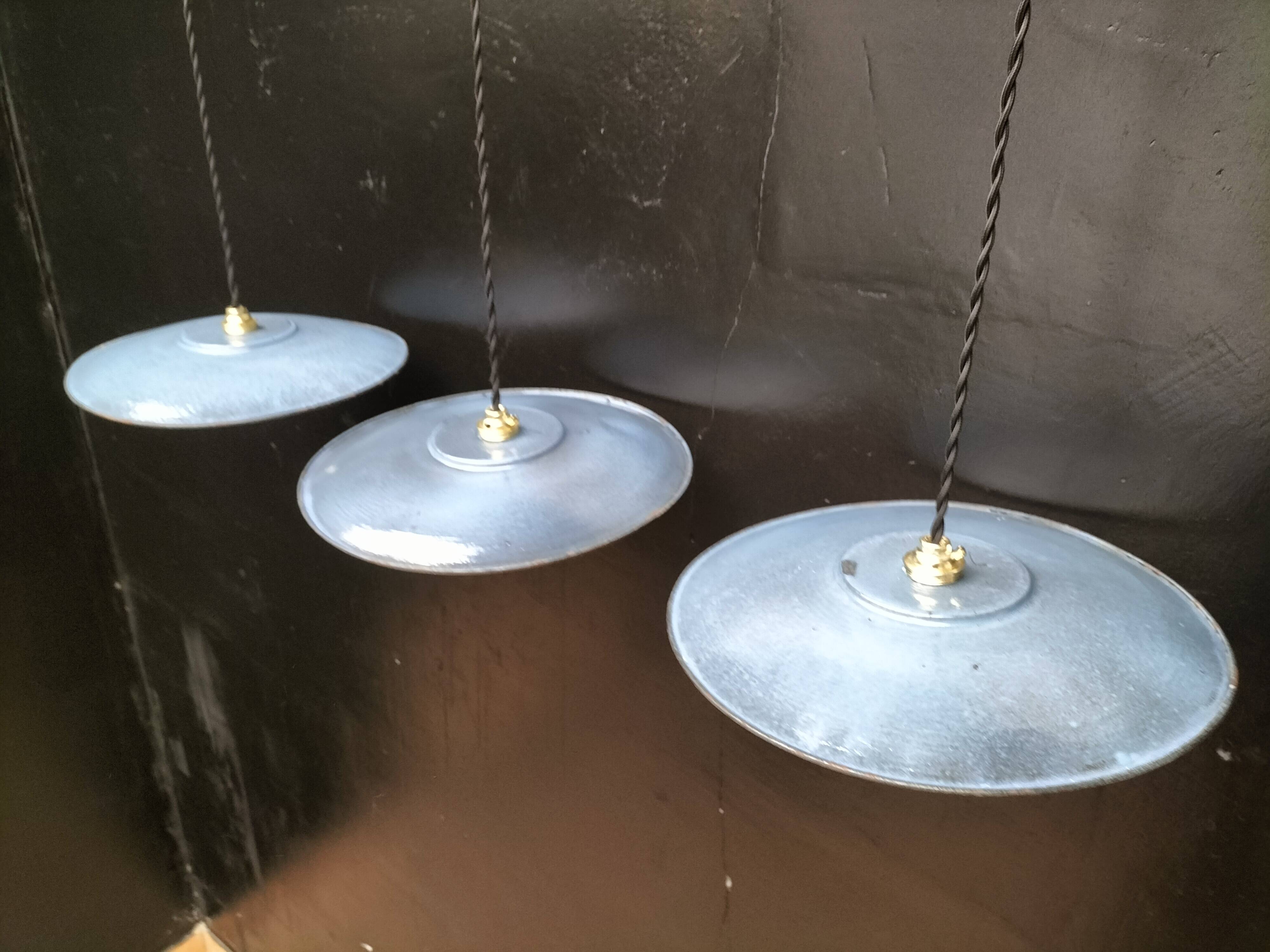 3 blue enameled sheet metal pendant lights
