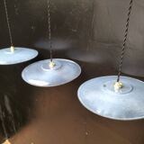 3 blue enameled sheet metal pendant lights