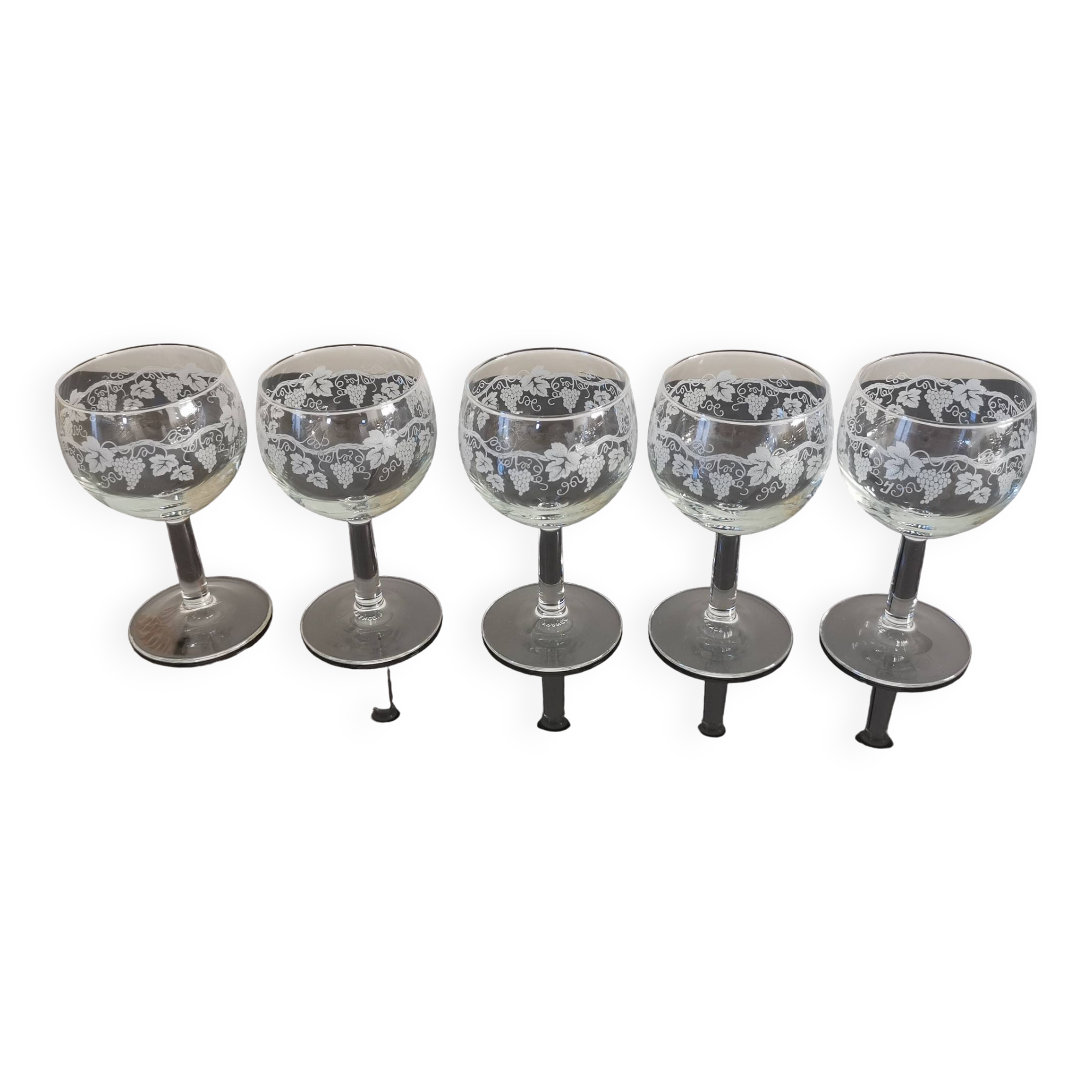 5 vintage “henri julien” red wine balloon glasses with luminarc grape blues decoration