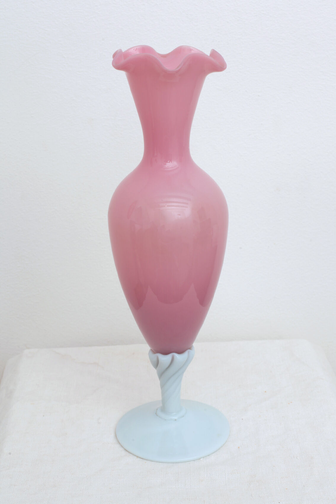 Pink vase foot twisted milk glass