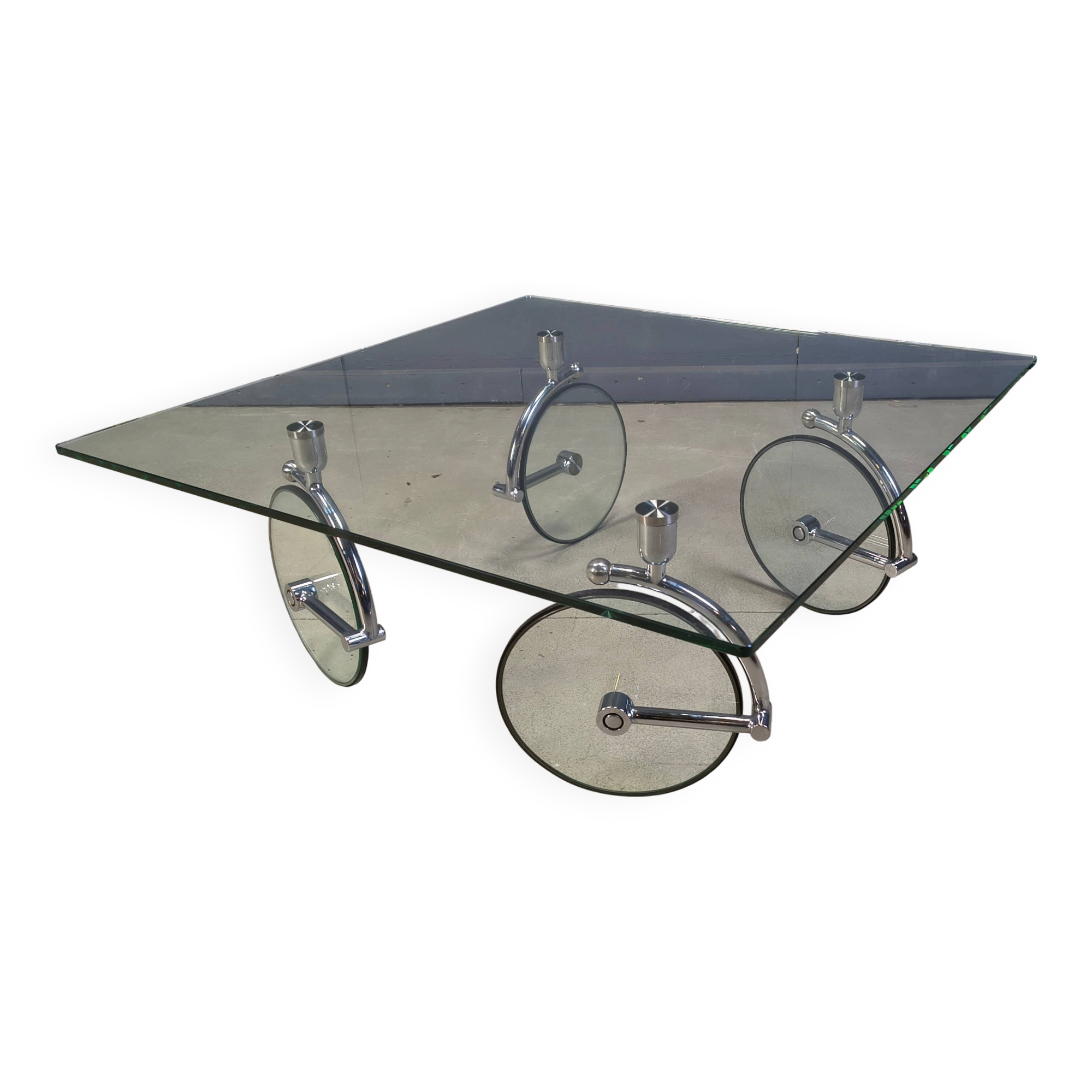 Glass coffee table with wheels, 1980s
