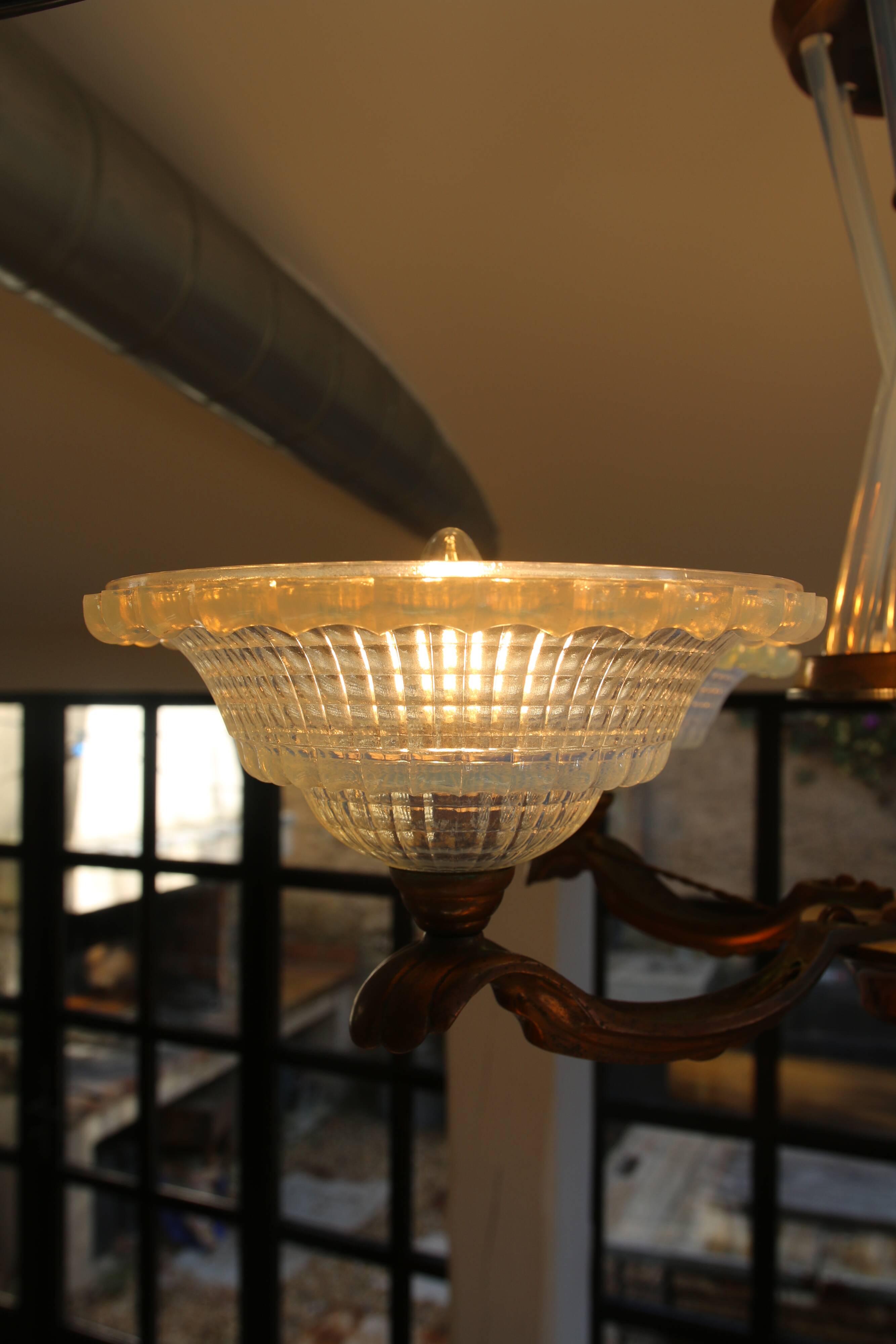 Art Deco lustre, opalescent glass, Ezan & Petitot, signed.