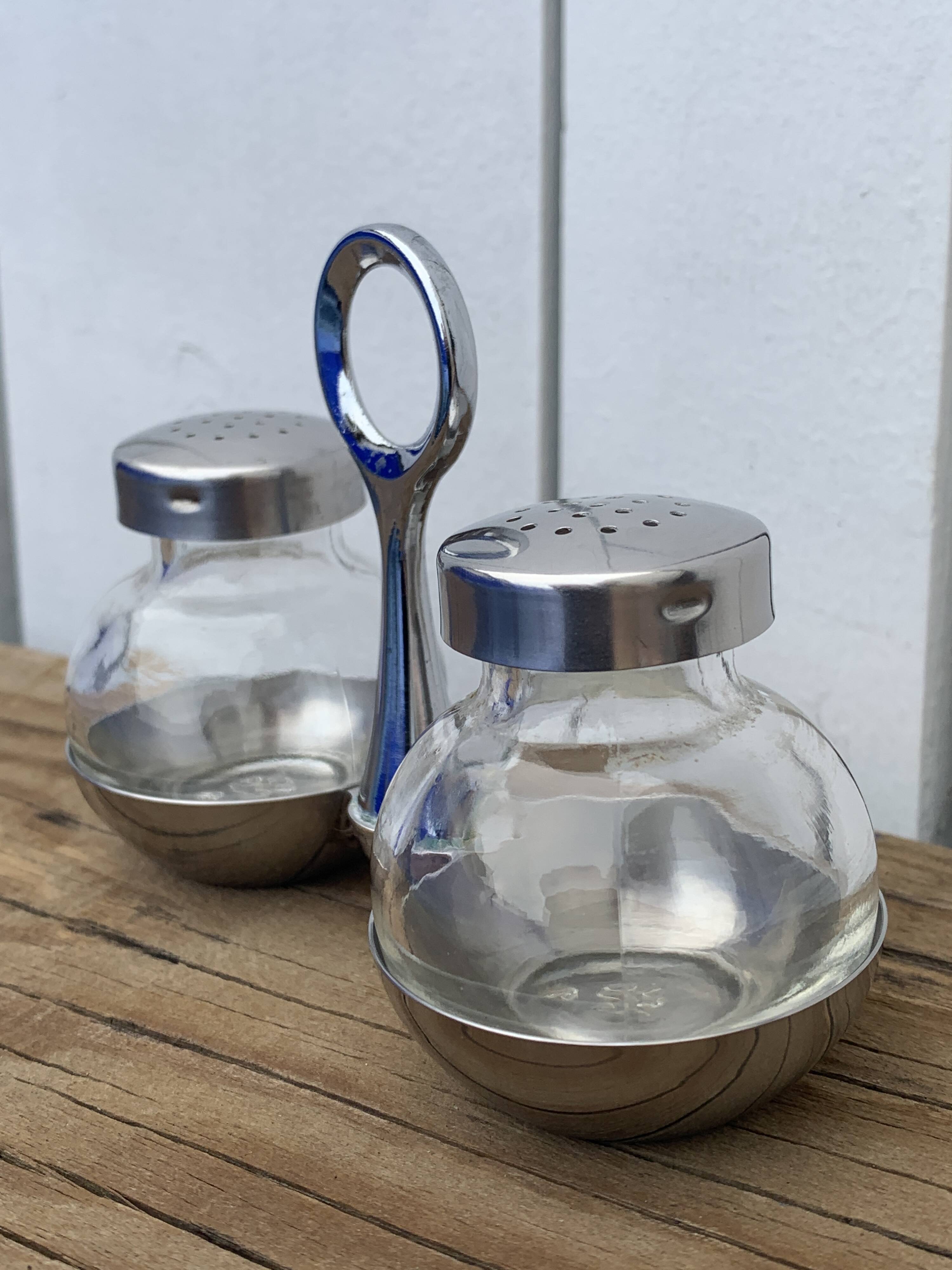 German salt and pepper shaker WMF in metal and glass, 1970