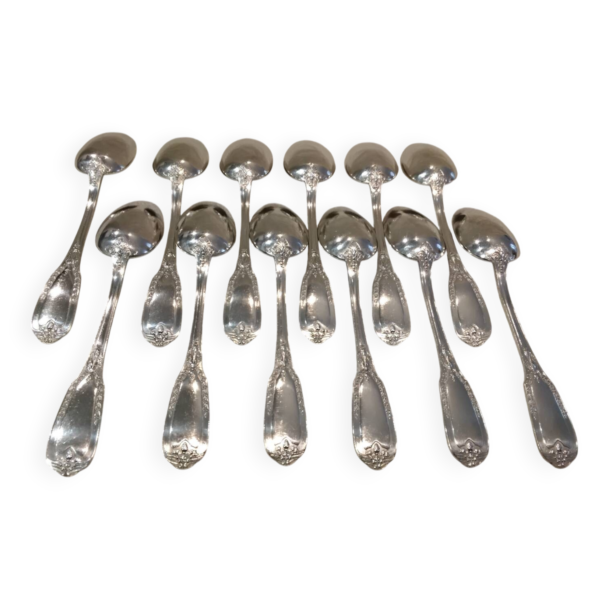 12 silver-plated metal soup spoons by Ravinet & Cie, Empire 81.