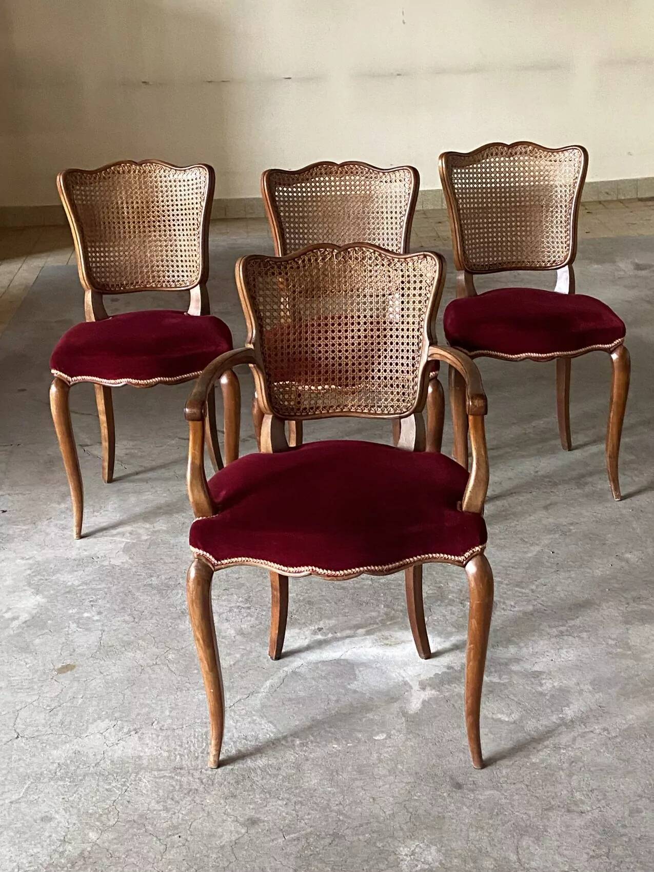 Set of 4 Louis XV style chairs in cherry wood – canework and burgundy velvet