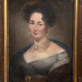 Huile sur toile, portrait de femme Empire, début XIXe, cadre à palmettes