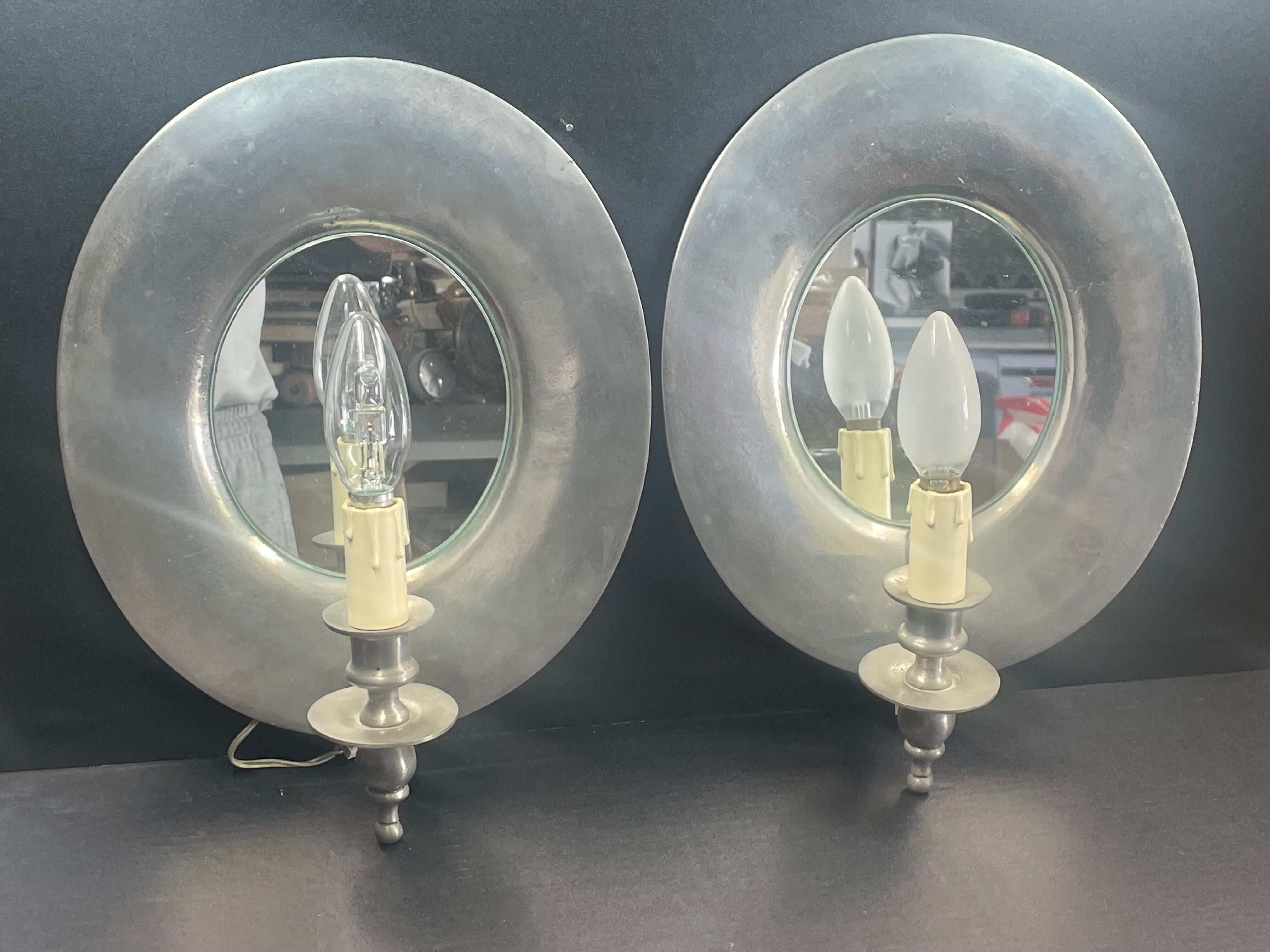 Pair of medieval style wall lamp pewter and mirror