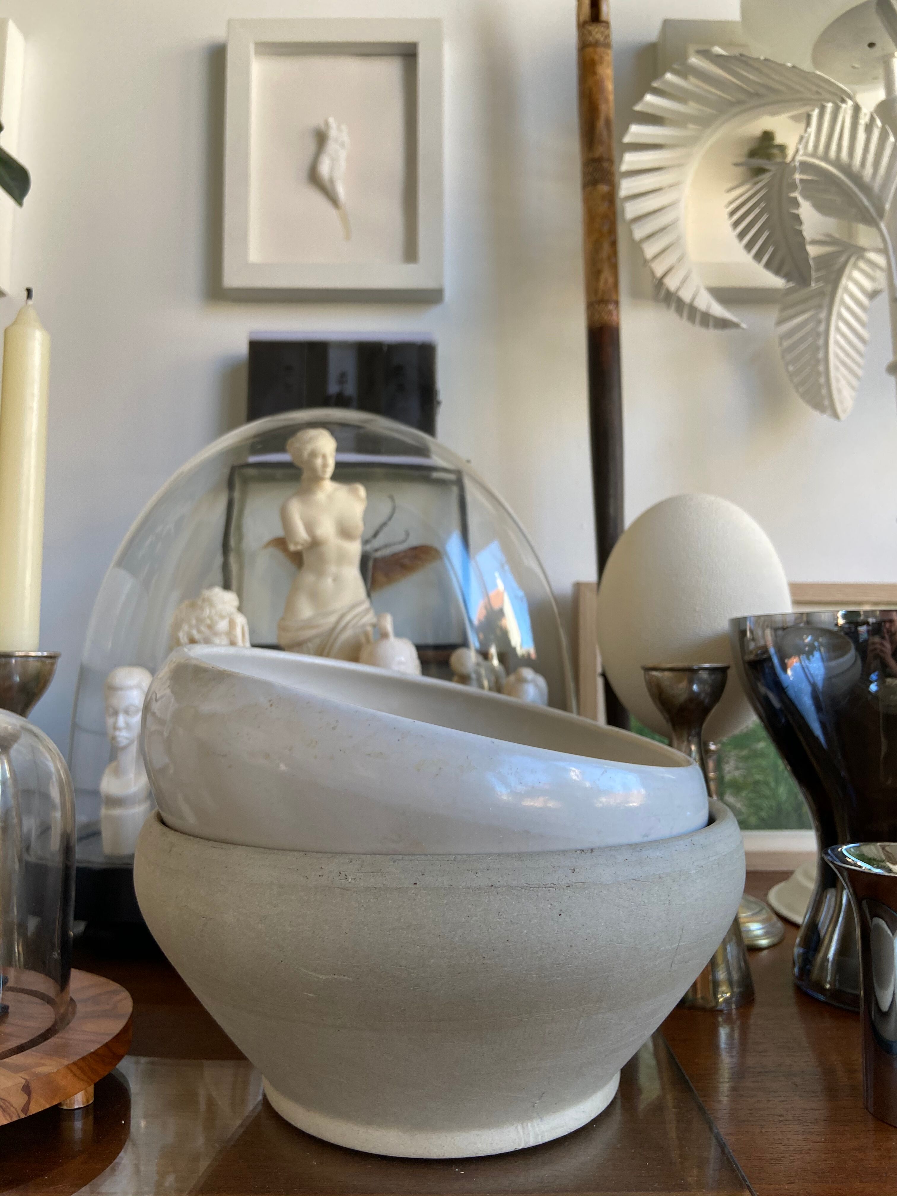 Pair of enamelled sandstone bowls