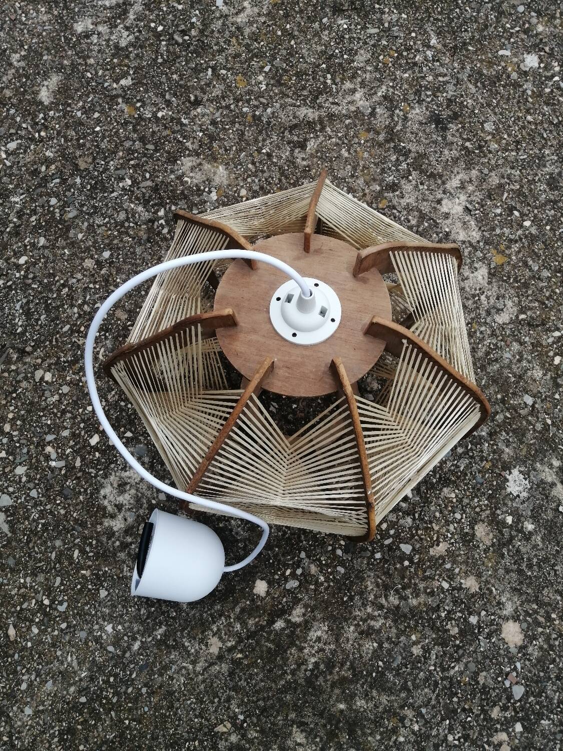 Pair of vintage wooden and rattan straw pendant lights.