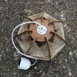 Pair of vintage wooden and rattan straw pendant lights.