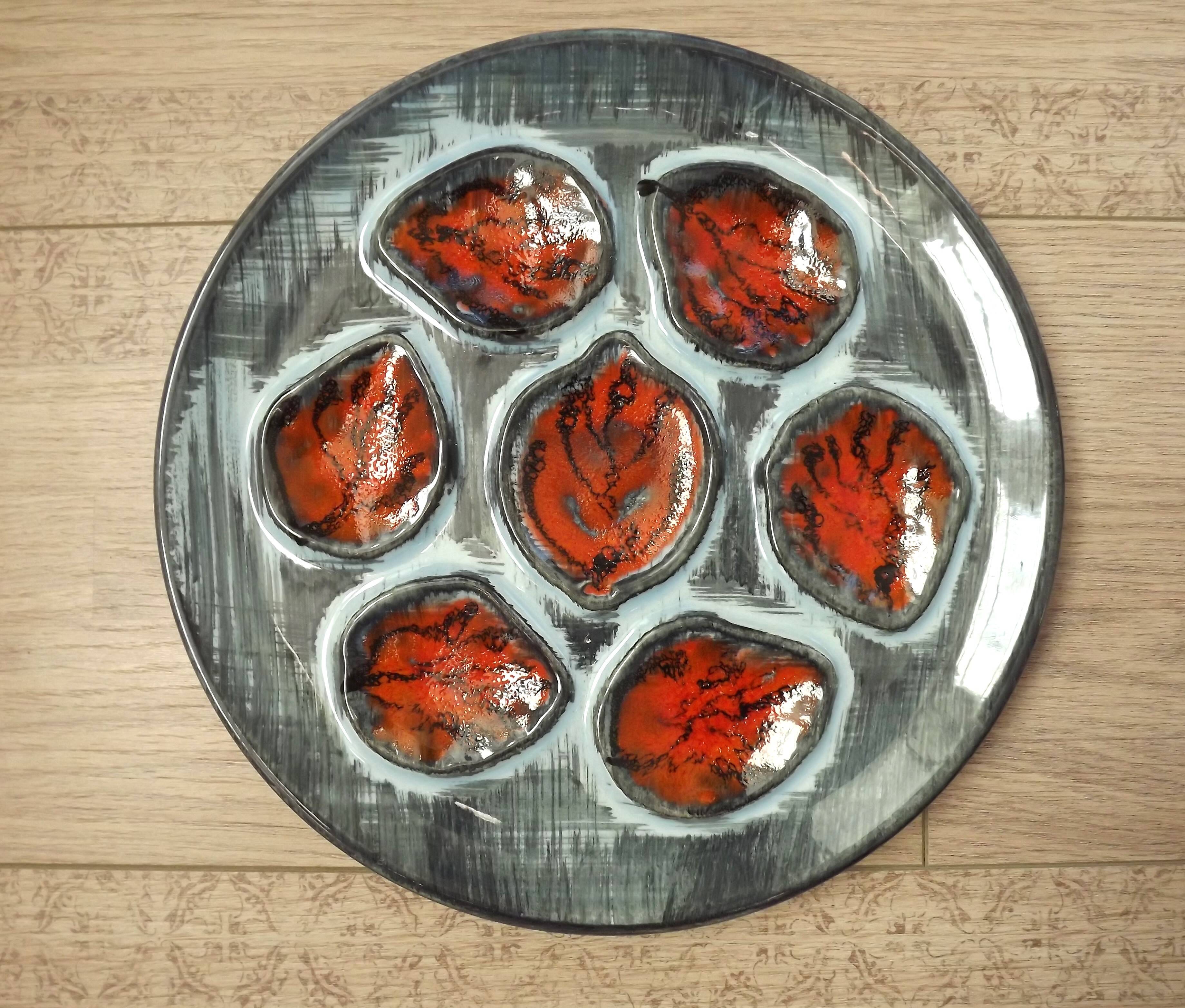 Set of 5 French Pordic Blue Grey & Orange Hand Painted 6 Well Oyster Plates 4974