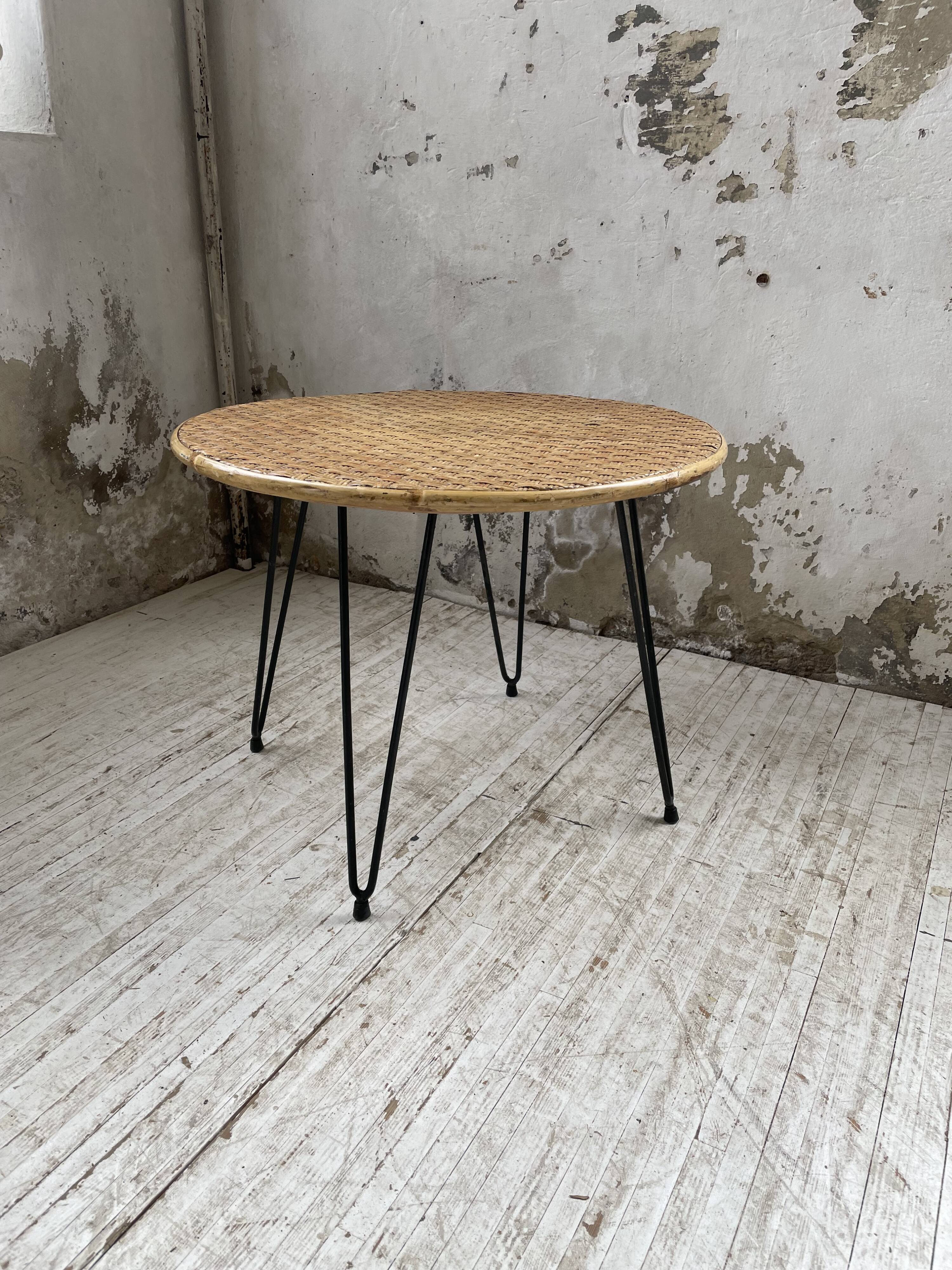 Wicker and metal coffee table from the 1950s