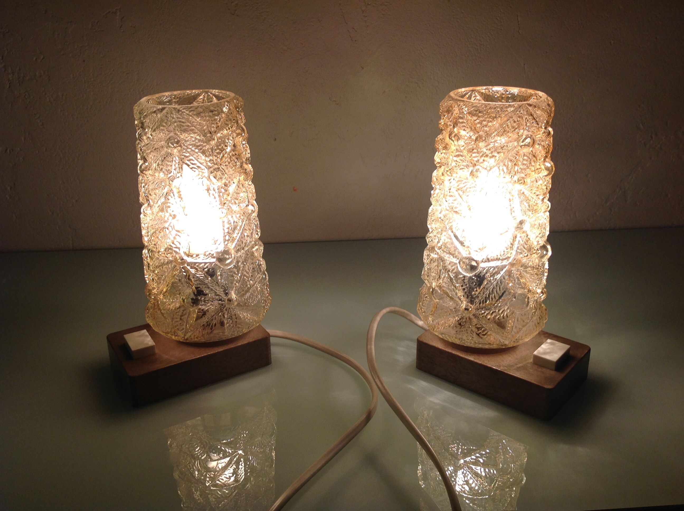 Pair of vintage bedside lamps in conical smoked glass