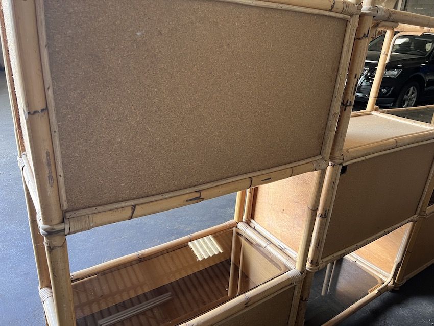 Bookcase, cannage in 3 modules and smoked glass trays - 70s