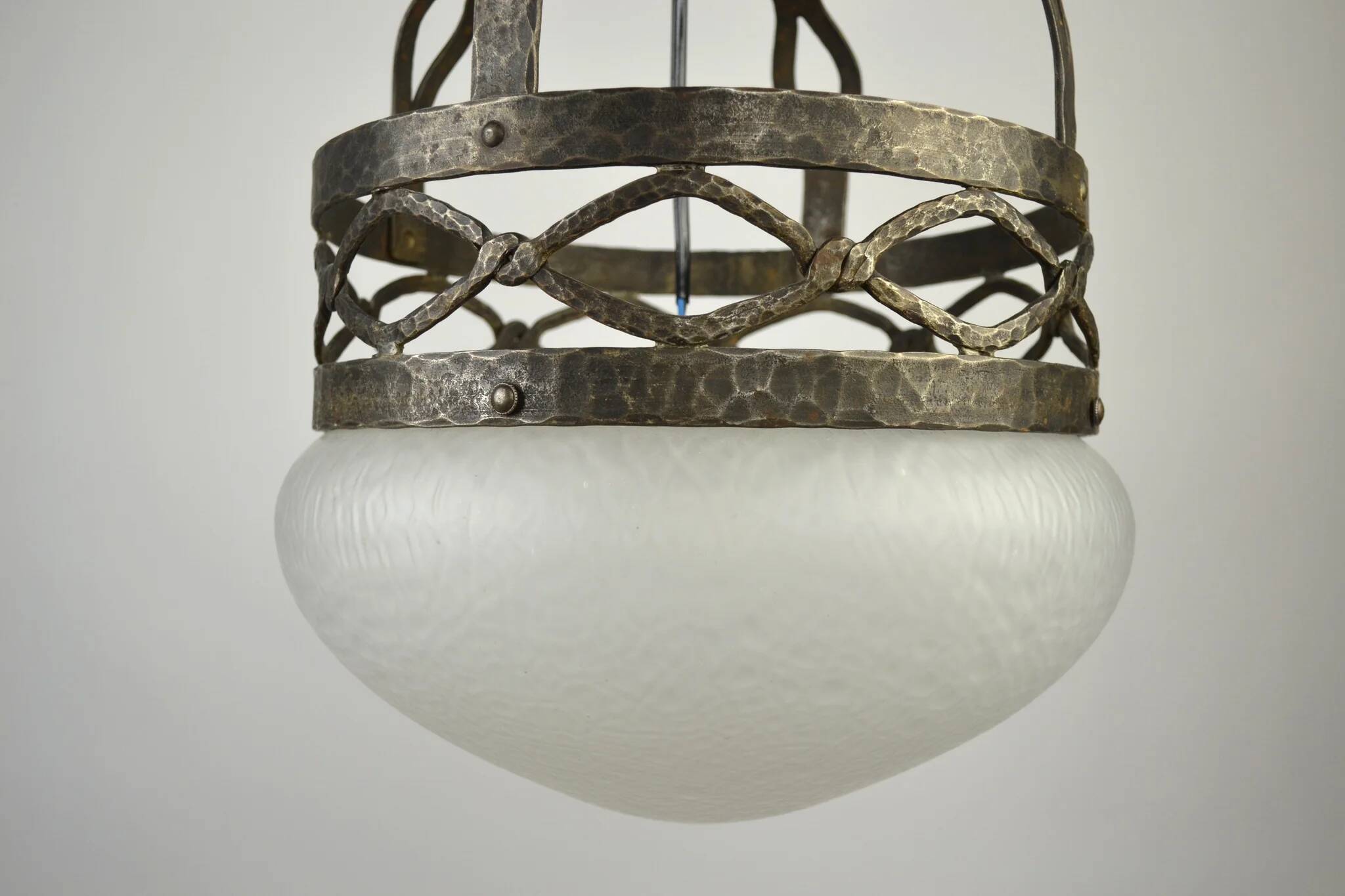Ceiling lamp, hand-forged hammered iron with glass shade, early 20th century, Sweden