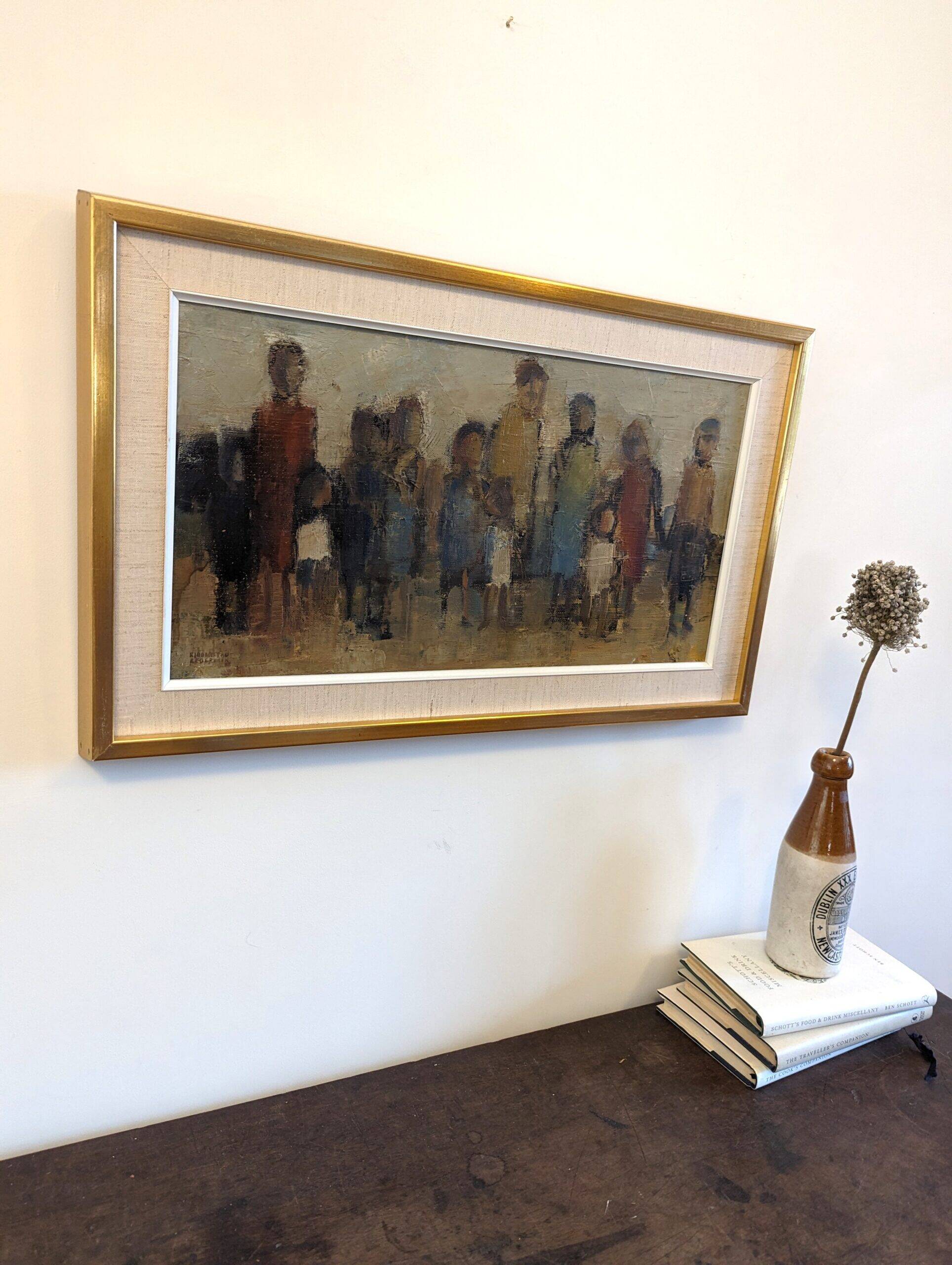 Mid-Century Modern Swedish "Assemble", Vintage Figurative Oil Painting, Framed