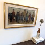 Mid-Century Modern Swedish "Assemble", Vintage Figurative Oil Painting, Framed