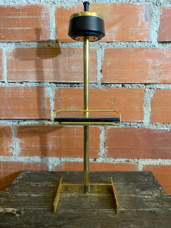 Cendrier Sur Pied Laiton + Tablette Bois + Cendrier Métal Noir Vintage