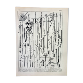 Gravure ancienne 1898, Armes anciennes, épée, pistolet, couteau