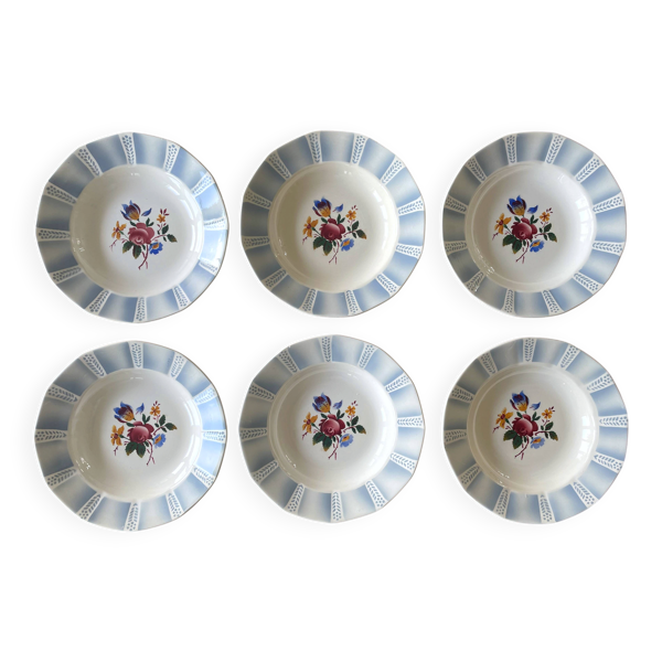 6 assiettes creuses anciennes en faïence de Sarreguemines