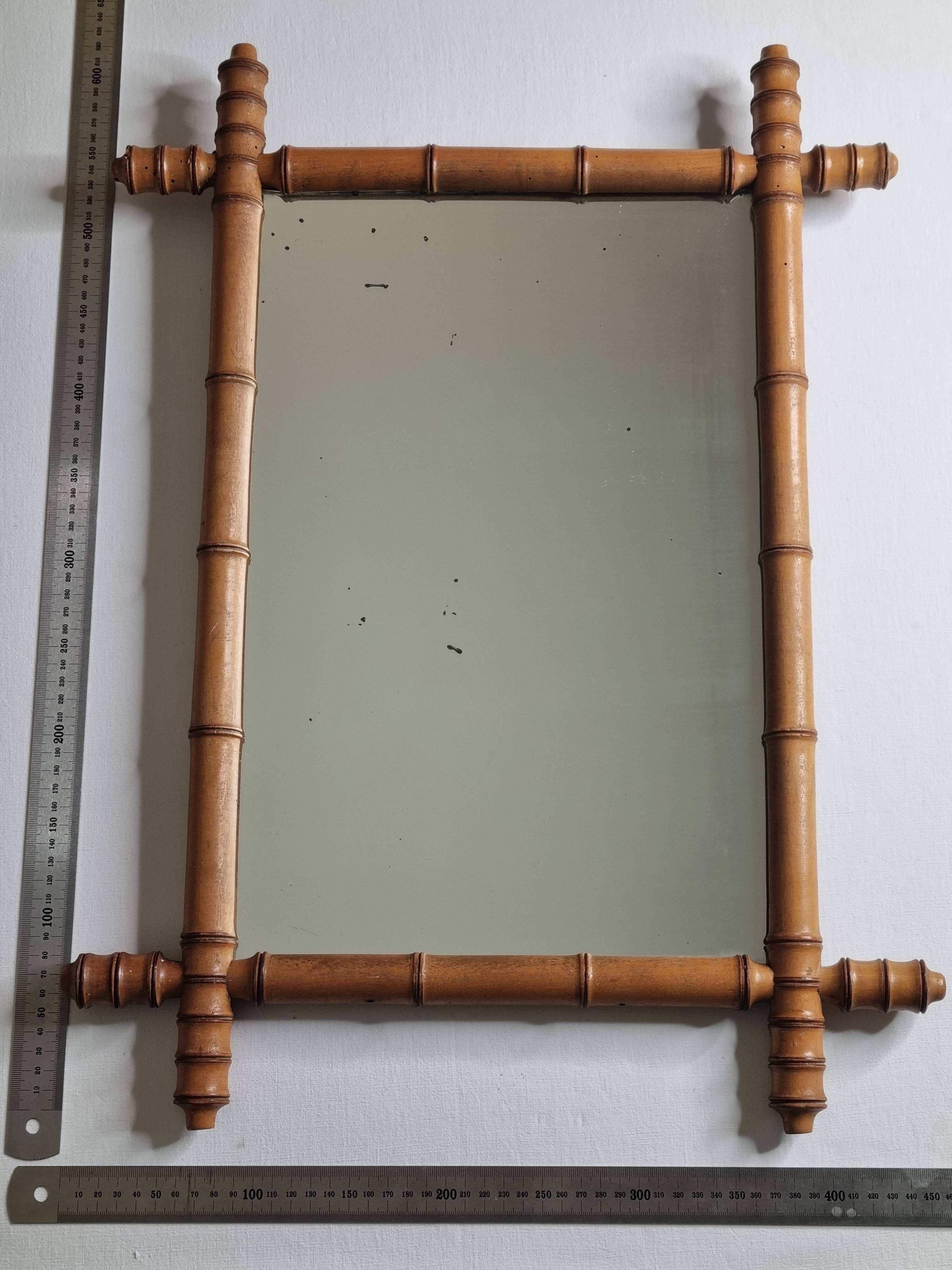 Antique mirror in turned wood, light bamboo style, late 19th century, 62 x 46 cm