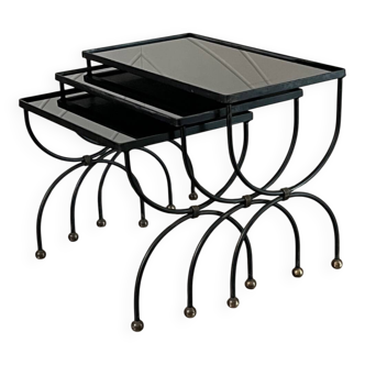 3 nesting tables 1950 Jean Royère wrought iron black opaline vintage