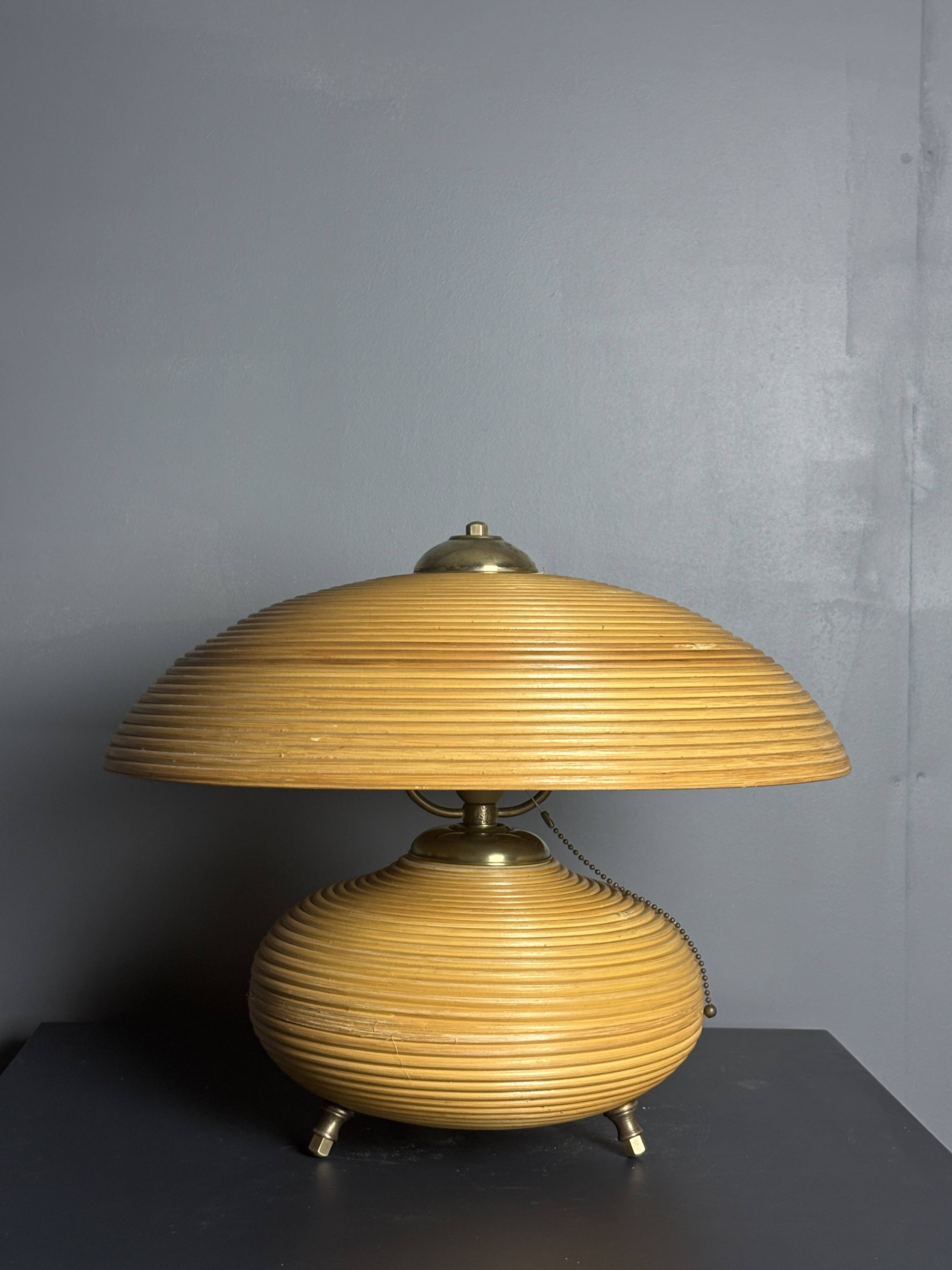 Pencil Reed Rattan Bamboo and Brass Mushroom Table Lamp, Italy, 1970s