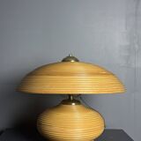 Pencil Reed Rattan Bamboo and Brass Mushroom Table Lamp, Italy, 1970s