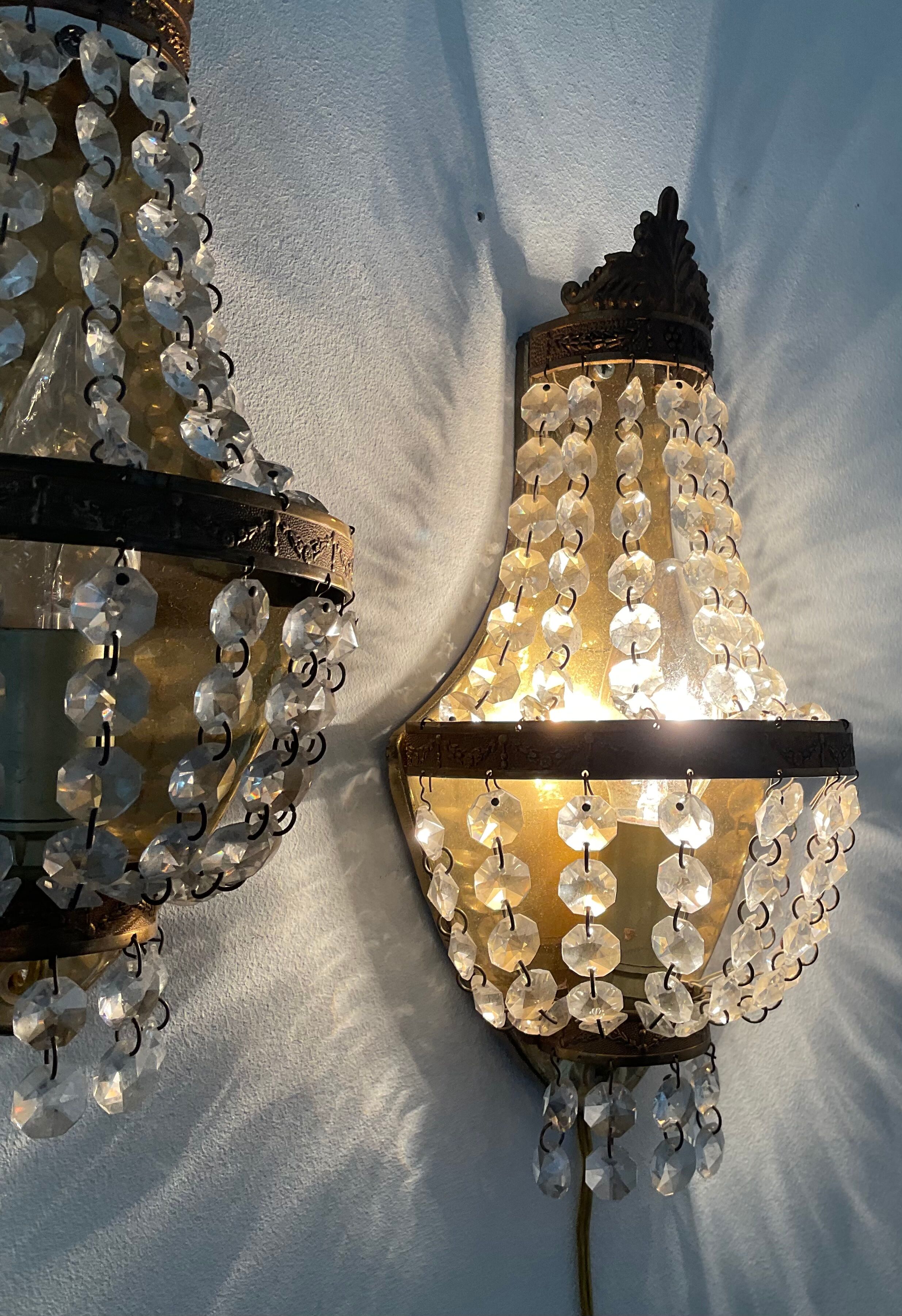 Pair of hot air balloon wall lamps with crystal and brass grapevines