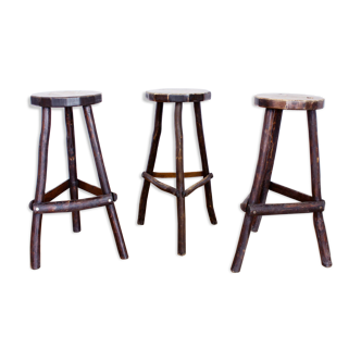 Set of 3 stools in solid oak years 50/60