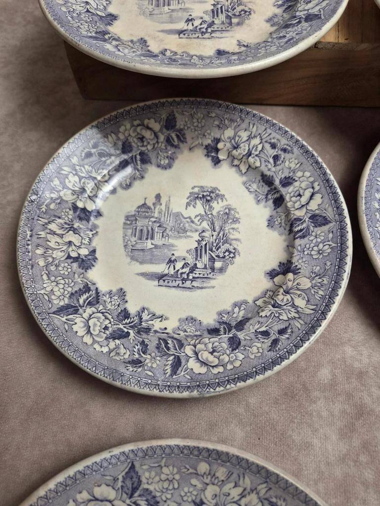 Set of 8 antique English dessert plates by J. Marshall & Co Bosphorus purple earthenware 19th century.